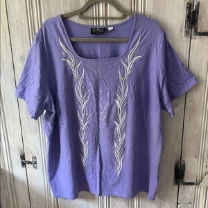 BOB MACKIE wearable art 3X lavender embroidered & sequin short sleeve top cotton